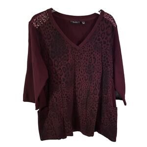 Susan Graver Women’s Tunic 1X Burgundy Black Leopard Pullover 3/4 Sleeve Sequins